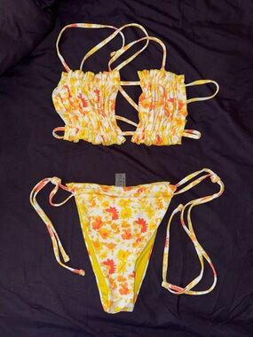 SHEIN Itty Bitty Yellow Orange Floral Ruffle Tie-Side Bikini